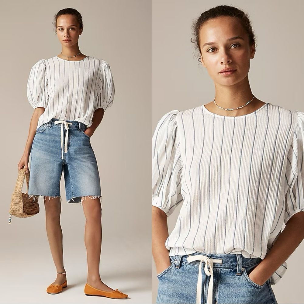 NWT J CREW Puff-sleeve top in sheer gauze in Ivory/Blue stripe